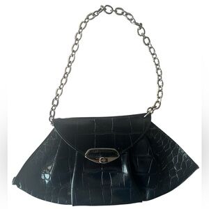 FURLA Black Italian Leather Crocodile Embossed Evening Clutch